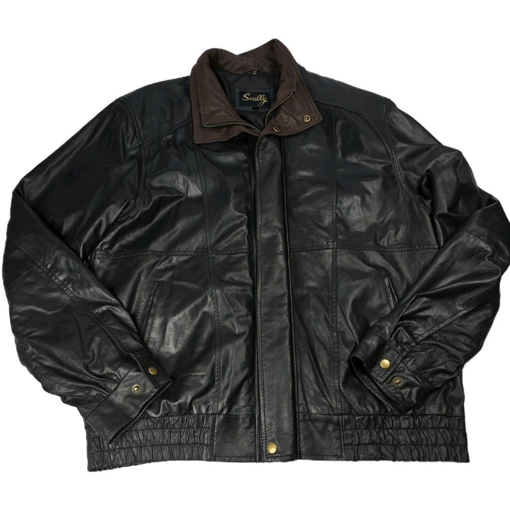 Scully Mens Leather Bomber Jacket‎ LT Brown Collar Black Full Zip Casual